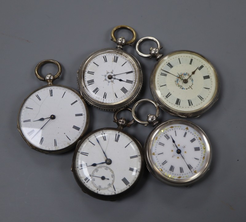 Four assorted continental white metal fob watches and one silver fob watch.